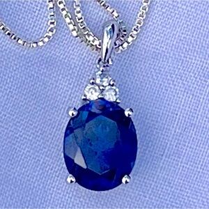 JJT Sterling Silver Necklace w Blue Sapphire Faux Diamonds Pendant Classic Gift